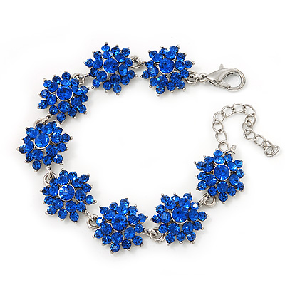 Royal Blue Swarovski Crystal Floral Bracelet In Rhodium Plated Metal - 16cm Length (with 5cm extension) - main view