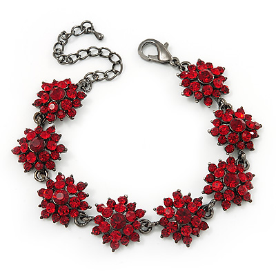 Burgundy Red Swarovski Crystal Floral Bracelet In Gun Metal - 16cm Length (with 5cm extension) - main view
