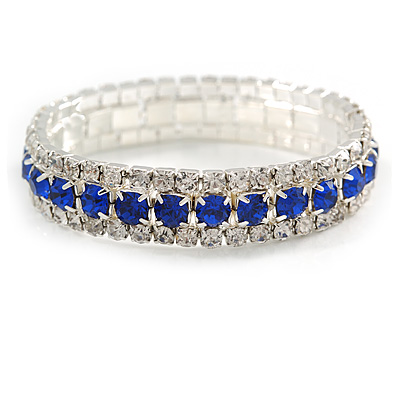 Royal Blue/Clear Swarovski Crystal Flex Bracelet (Silver Tone Metal) - 18cm Length