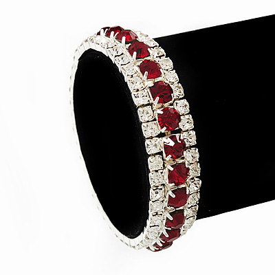 Burgundy Red/Clear Swarovski Crystal Flex Bracelet (Silver Tone Metal) - 18cm Length - main view