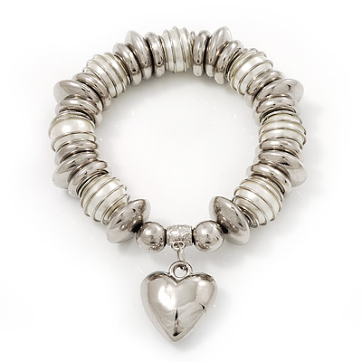 Chunky White Simulated Pearl & Silver Metal Bead 'Heart' Charm Flex Bracelet - 21cm Length - main view