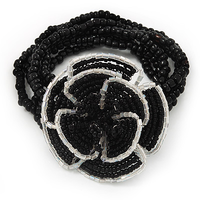 Black/White Glass Bead 'Rose' Flex Bracelet - up to 22cm Length - main view