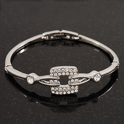 Stylish Diamante 'Buckle' Bracelet In Rhodium Plated Metal - 17cm Length - main view