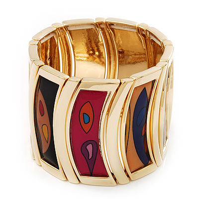 Wide Geometric Pattern Stretch Bracelet In Goldtone Metal - Up to 19cm Length - main view