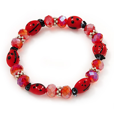 Red Glass 'Ladybug' And Faceted Bead Flex Bracelet - 20cm Length - main view