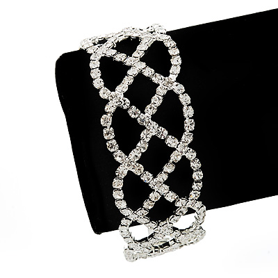 Bridal Clear Diamante Bracelet In Silver Plated Metal - 17cm Length