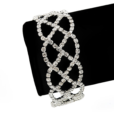 Bridal Clear Diamante Bracelet In Silver Plated Metal - 17cm Length - main view