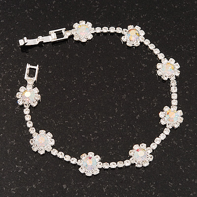 AB/Clear Swarovski Crystal Floral Bracelet In Rhodium Plated Metal - 17cm Length