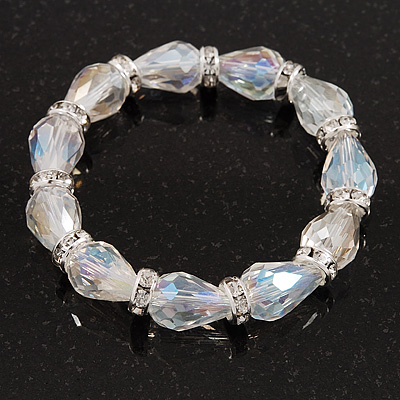 Transparent Glass Bead With Clear Crystals Silver Rings Flex Bracelet - 18cm Length