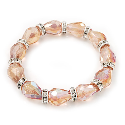 Light Pink Glass Bead With Clear Crystals Silver Rings Flex Bracelet - 18cm Length - main view