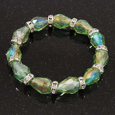 Light Green Glass Bead With Clear Crystals Silver Rings Flex Bracelet - 18cm Length - main view