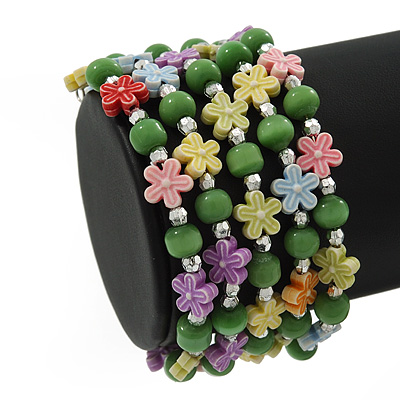 Acrylic Flower Bead Coil Flex Bracelet (Light Green) - Adjustable