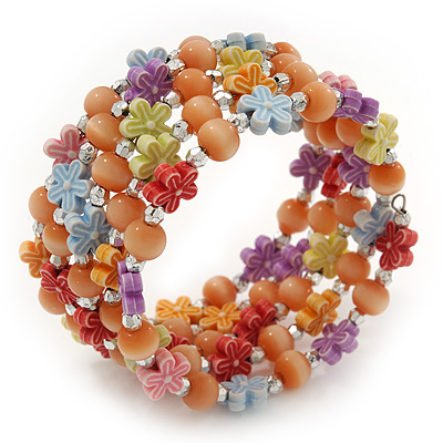 Acrylic Flower Bead Coil Flex Bracelet (Orange) - Adjustable - main view