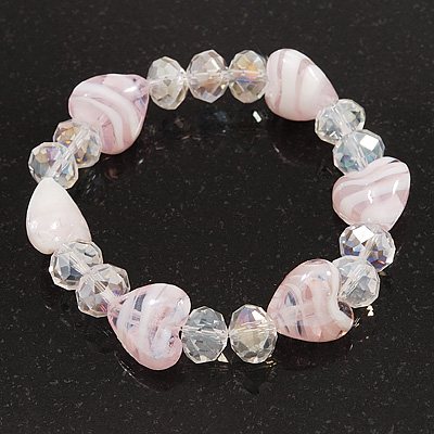 Light Pink/Transparent Heart & Faceted Bead Flex Bracelet - 18cm Length - main view