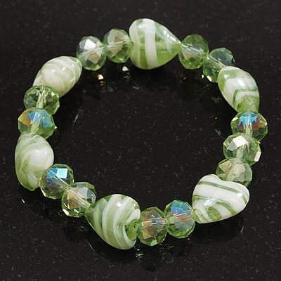 Pale Green/White Heart & Faceted Bead Flex Bracelet - 18cm Length - main view