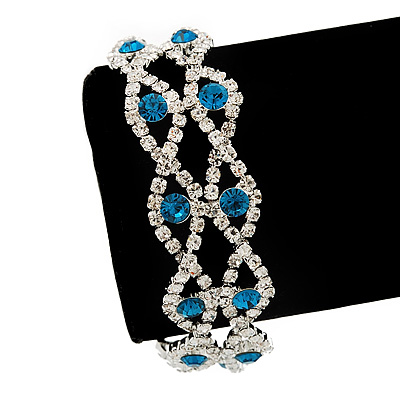 Two Row Clear/ Turquoise Coloured Swarovski Crystal Bracelet - 17cm Length (7cm extension) - main view