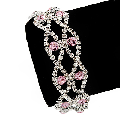 Two Row Pink/Clear Swarovski Crystal Bracelet - 17cm Length (7cm extension) - main view