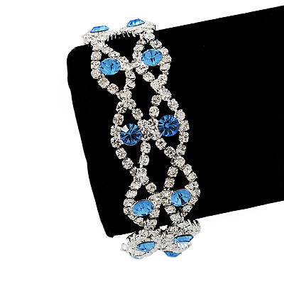 Two Row Light Blue/ Clear Swarovski Crystal Bracelet - 17cm Length (7cm extension) - main view