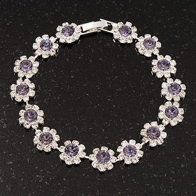 Light Purple/Clear Swarovski Crystal Floral Bracelet In Rhodium Plated Metal - 17cm Length - main view