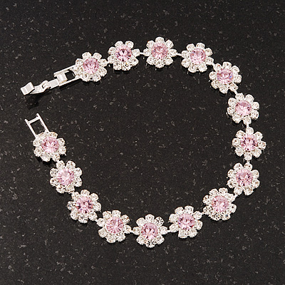 Pink/Clear Swarovski Crystal Floral Bracelet In Rhodium Plated Metal - 17cm Length - main view