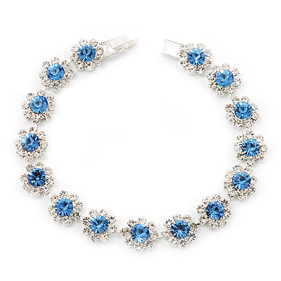 Light Blue /Clear Swarovski Crystal Floral Bracelet In Rhodium Plated Metal - 17cm Length - main view