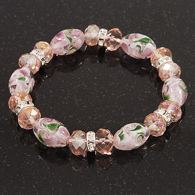 Floral Pink Glass Bead & Crystal Ring Flex Bracelet - Up to 21cm Length - main view