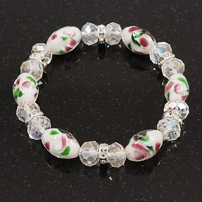 Adjustable Avalaya Fancy Glass Bead Floral Cuff Bracelet in Silver Tone Multicoloured