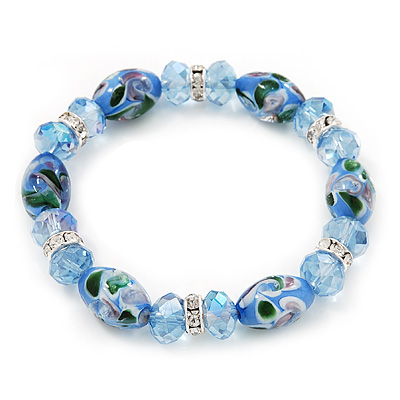 Floral Light Blue Glass Bead & Crystal Ring Flex Bracelet - Up to 21cm Length - main view