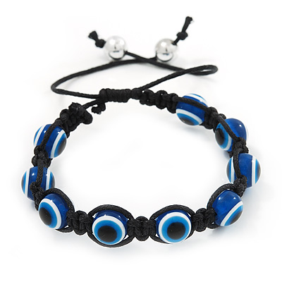 Evil Eye Acrylic Bead Protection Bracelet in Blue/Black - 9mm Diameter - Adjustable - main view