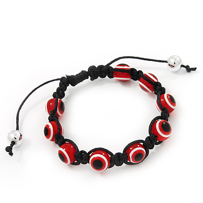 Evil Eye Acrylic Bead Protection Bracelet in Red/Black - 9mm Diameter - Adjustable - main view