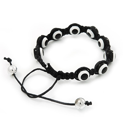 Evil Eye Acrylic Bead Protection Bracelet in Black/White - 9mm Diameter - Adjustable - main view