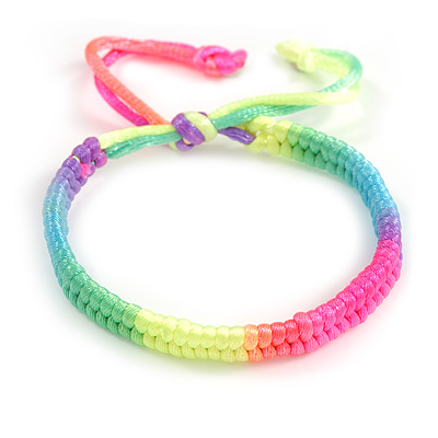 Plaited Neon Multicoloured Silk Cord With Silver Tone Bead Friendship Bracelet - Adjustable - main view