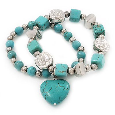 2-Strand Turquoise Stone & Silver Metal Bead 'Heart' Charm Flex Bracelet - 19cm Length - main view