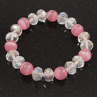 Pink/Transparent Glass Bead Flex Bracelet - 18cm Length - main view