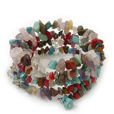 Multi-Coloured Stone Coil Flex Bangle Bracelet (Semi-precious stone) - Adjustable - main view