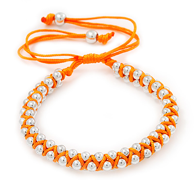 Plaited Neon Orange Silk Cord With Silver Tone Bead Friendship Bracelet - Adjustable - main view