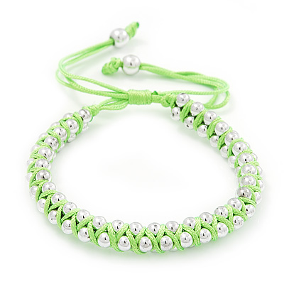 Plaited Neon Lime Green Silk Cord With Silver Tone Bead Friendship Bracelet - Adjustable - main view