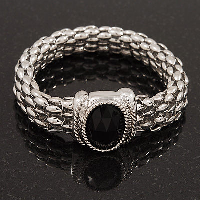 Silver Plated Mesh Magnetic Bracelet With Black Central Stone - 18cm Length