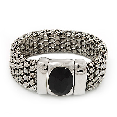 Silver Tone Wide Mesh Magnetic Bracelet With Black Resin Stone - 18cm Length - main view