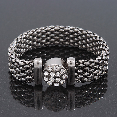 Rhodium Plated Mesh Bracelet With Diamante Magnetic Clasp - 18cm Length - main view