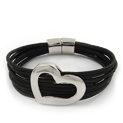 Silver Tone 'Heart' Black Cotton Cord Magnetic Bracelet - 19cm Length - main view