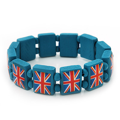 UK British Flag Union Jack Teal Stretch Wooden Bracelet - up to 20cm length - main view