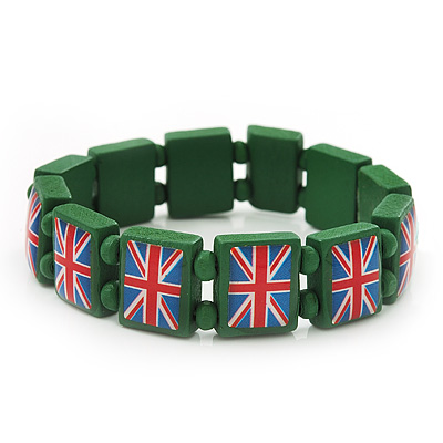 UK British Flag Union Jack Green Stretch Wooden Bracelet - up to 20cm length - main view