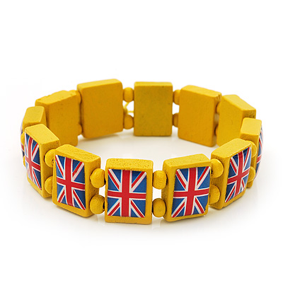UK British Flag Union Jack Yellow Stretch Wooden Bracelet - up to 20cm length - main view