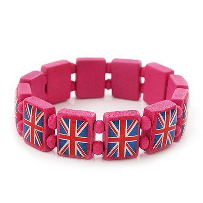 UK British Flag Union Jack Pink Stretch Wooden Bracelet - up to 20cm length - main view