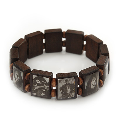 Brown Bob Marley "One Love" Wooden Stretch Bracelet - up to 20cm length