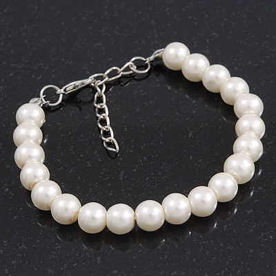 Classic Light Cream Glass Pearl Bracelet In Silver Plating - 15cm Length/ 5cm Extension - main view