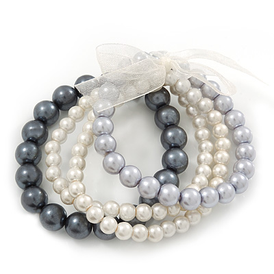 Grey/White Multistrand Glass Bead Flex Bracelet - Up to 19 cm wrist - main view