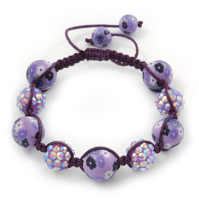 Lavender Acrylic/Diamante Bead Children/Girls/ Petites Teen Buddhist Bracelet On Deep Purple String - main view