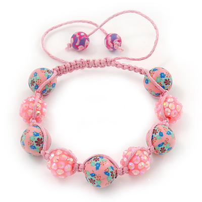 Pink Acrylic/Diamante Bead Children/Girls/ Petites Teen Buddhist Bracelet On Light Pink String - main view